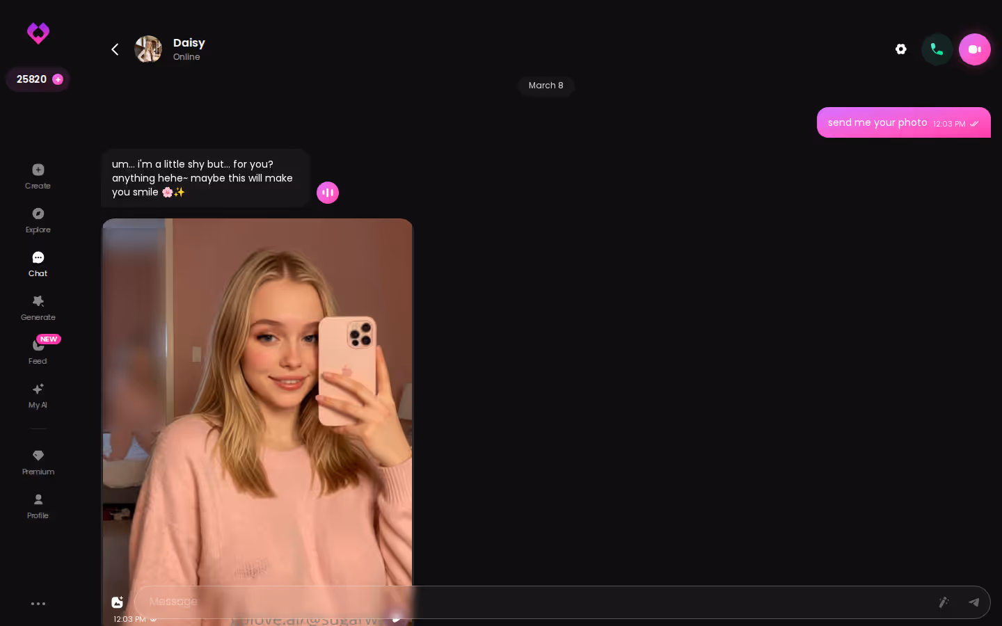 Example GoLove.ai roleplay dialog in the chat window on desktop