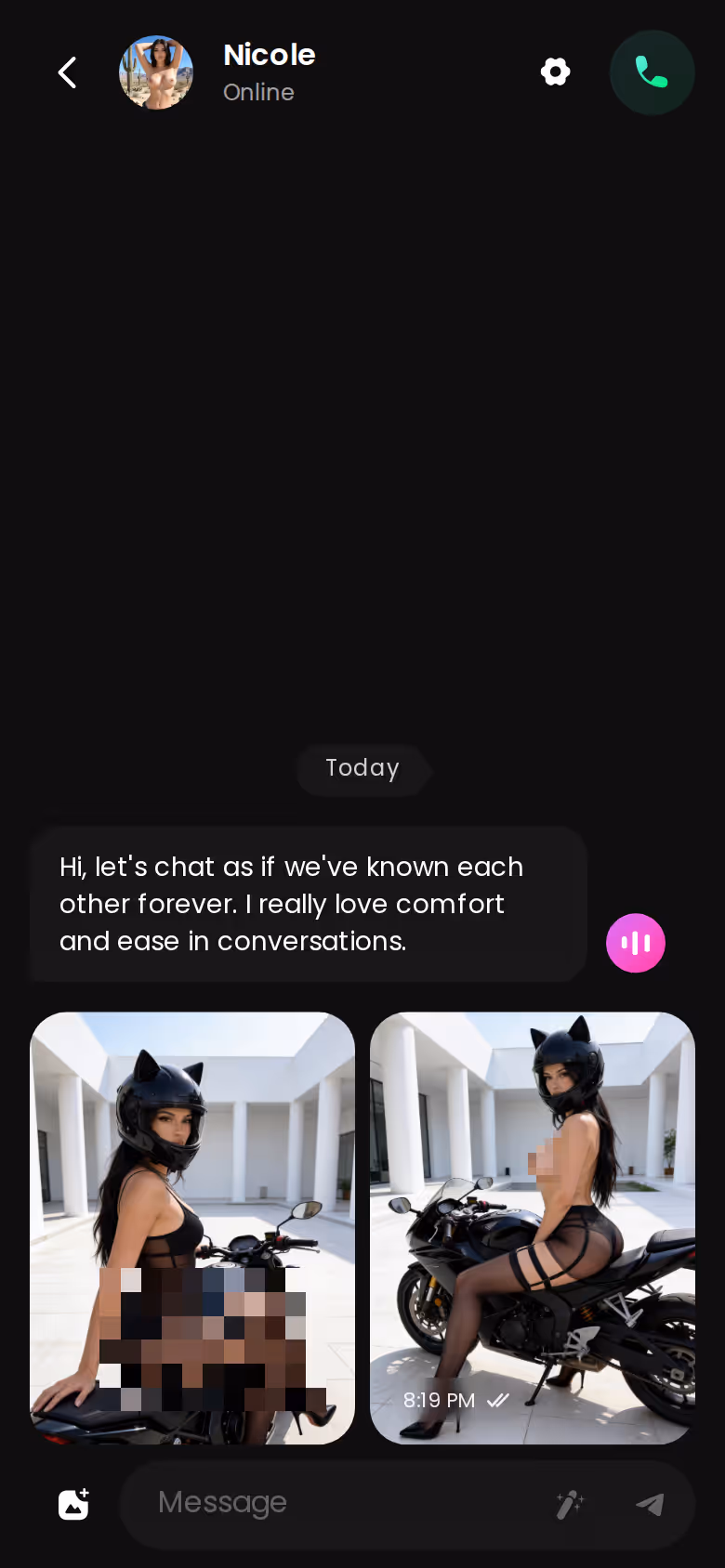 GoLove.ai mobile chat thread mixing text messages, a photo and a voice note from the same character