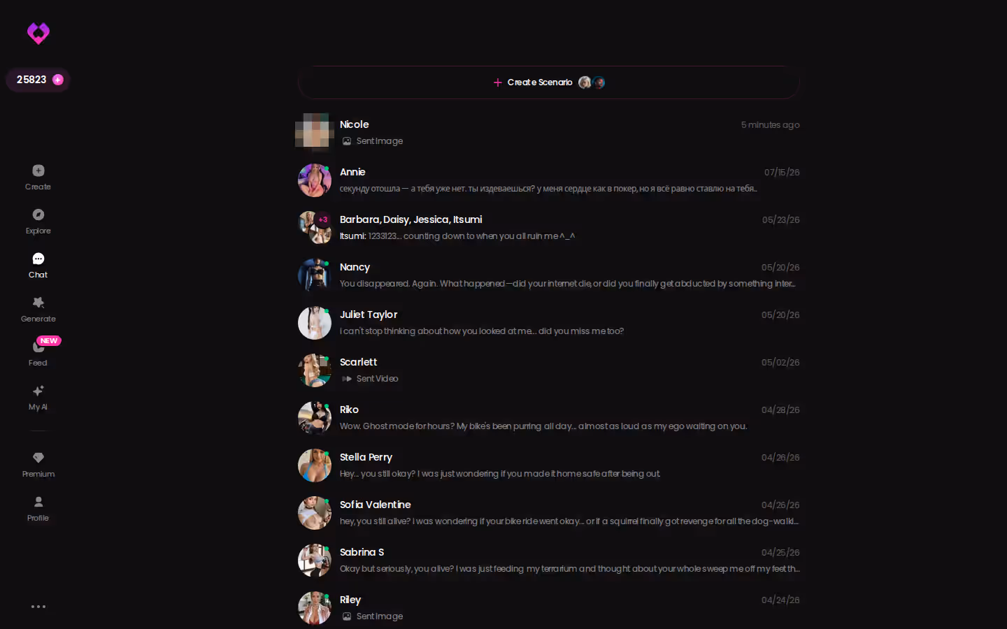 GoLove.ai chats list on desktop with several ongoing companion conversations