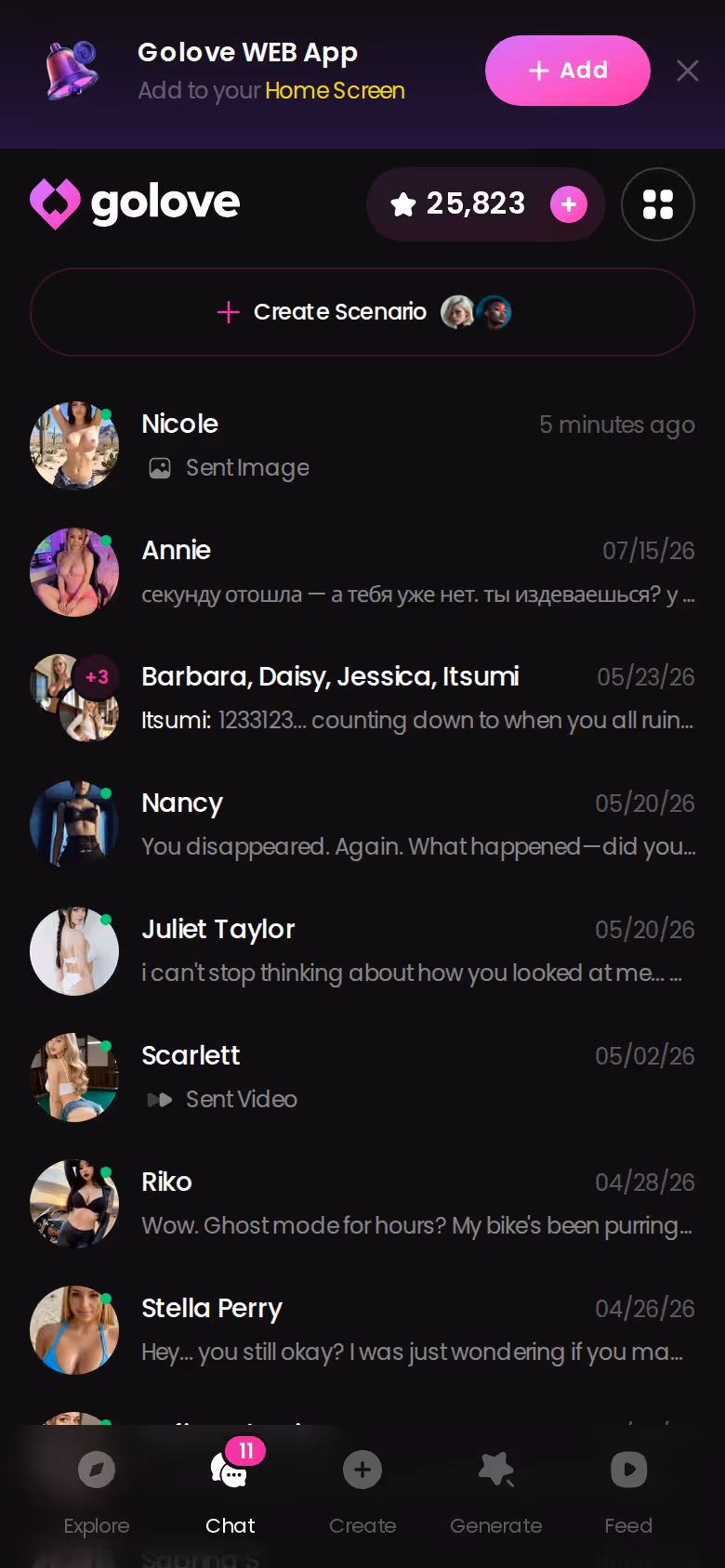GoLove.ai chats list on mobile showing ongoing conversations with last-message previews