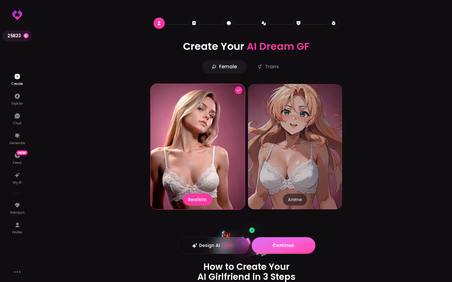 GoLove.ai Create wizard start screen with the Female/Trans toggle, Realistic and Anime cards and the Design with AI option