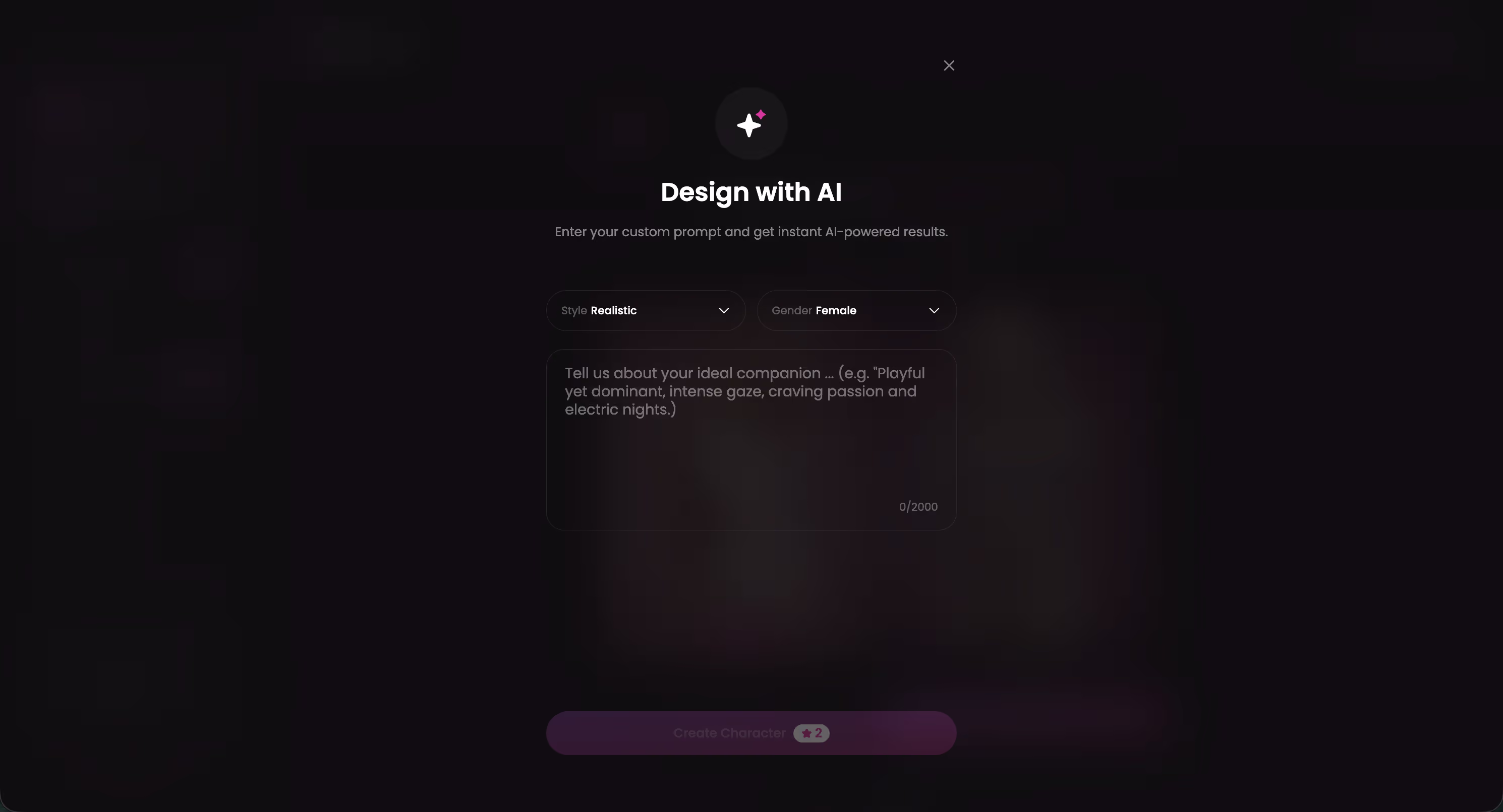 Design with AI text box where you describe a custom AI girlfriend in plain words