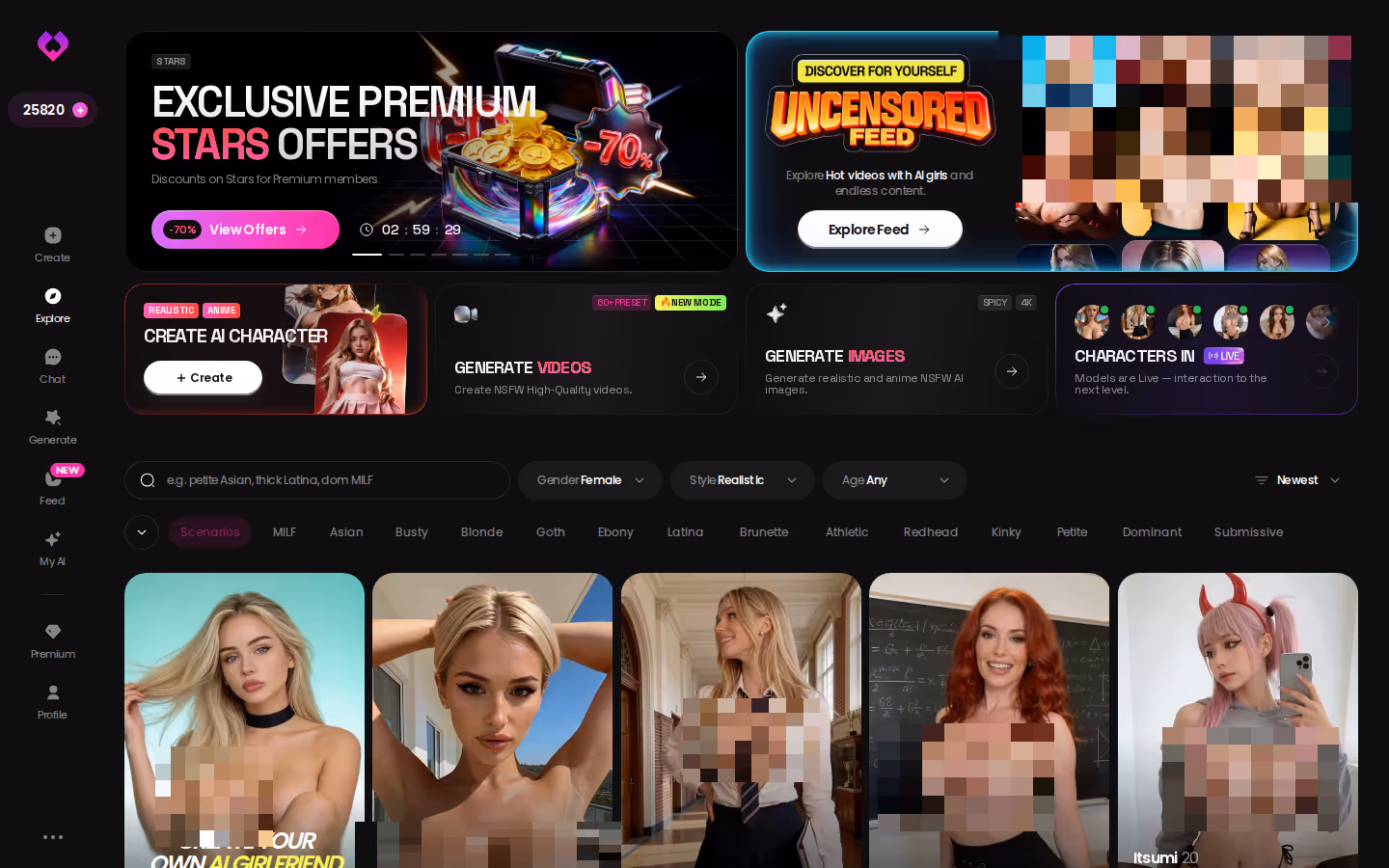 GoLove.ai Explore page showing a grid of realistic AI companions ready to chat