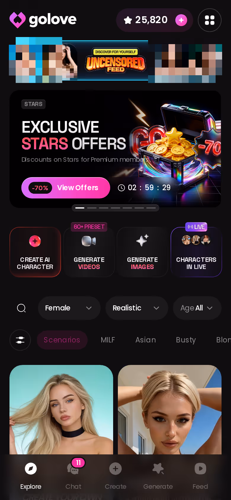 GoLove.ai Explore page on mobile showing realistic AI characters open to browse
