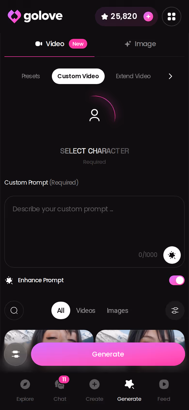 GoLove.ai custom video generator on a mobile screen