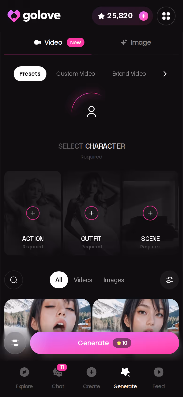 GoLove.ai Generate hub on mobile with character loaded