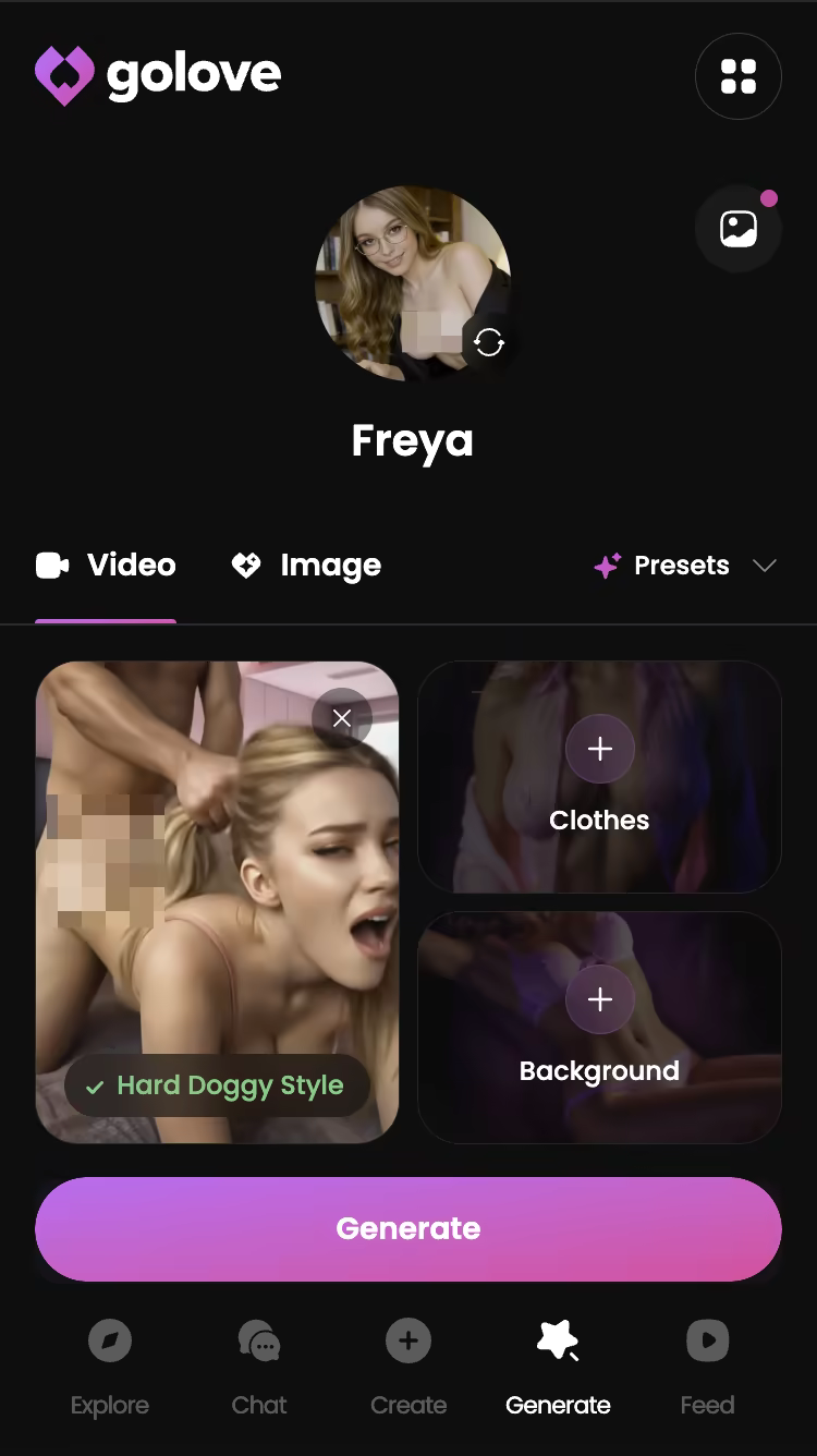 Explicit action preset selected in the GoLove.ai video generator — ai muscle girl